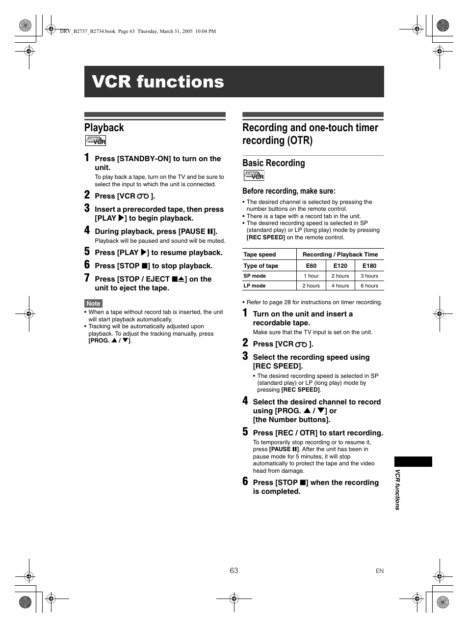 Vcr functions, Playback 1, Recording and one-touch timer recording (otr) | Basic recording | FUNAI DRV-B2734 User Manual | Page 63 / 76