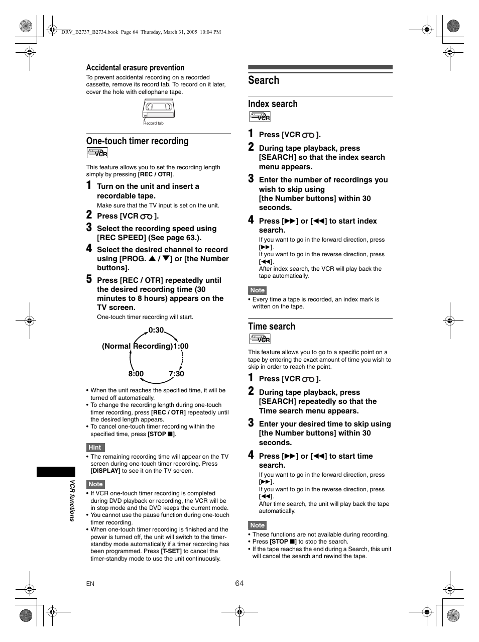 Search, One-touch timer recording, Index search | Time search | FUNAI DRV-B2734 User Manual | Page 64 / 76