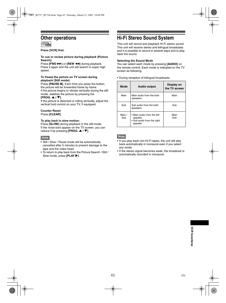 Other operations, Hi-fi stereo sound system | FUNAI DRV-B2734 User Manual | Page 65 / 76