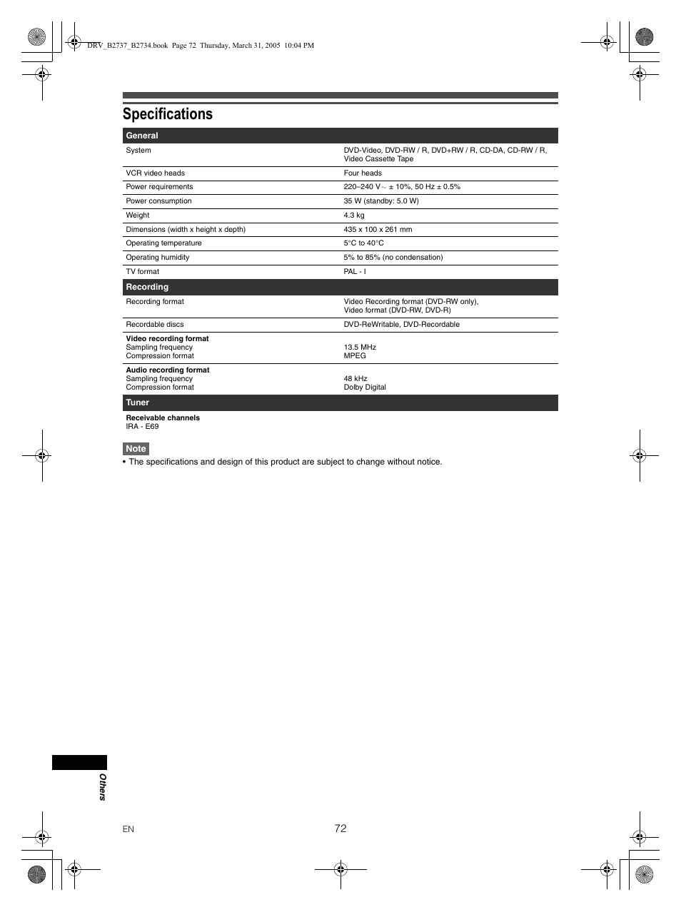 Specifications | FUNAI DRV-B2734 User Manual | Page 72 / 76