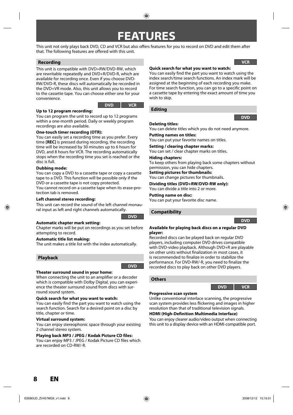 Features, 8en 8 en | FUNAI ZV457MG9 A User Manual | Page 10 / 110