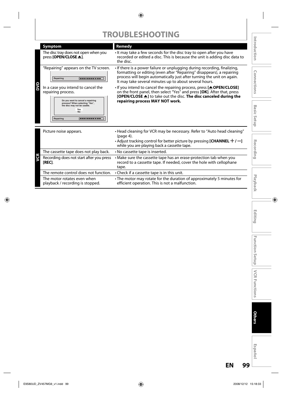 Troubleshooting, 99 en | FUNAI ZV457MG9 A User Manual | Page 101 / 110
