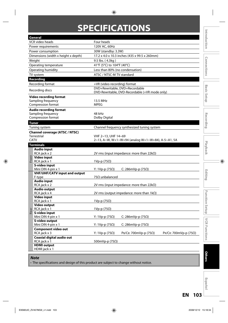 Specifications, 103 en | FUNAI ZV457MG9 A User Manual | Page 105 / 110