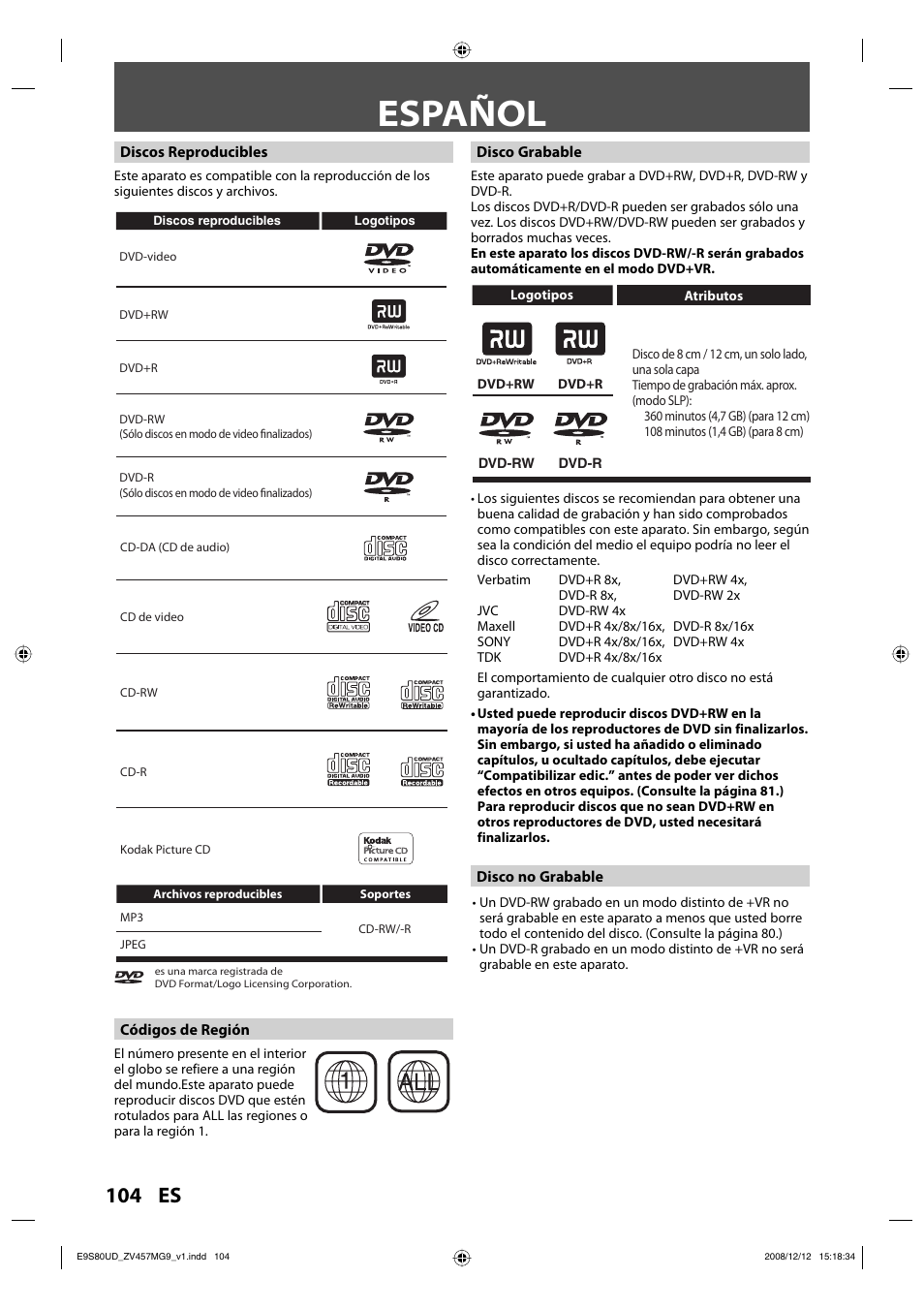 Español, 104 es | FUNAI ZV457MG9 A User Manual | Page 106 / 110