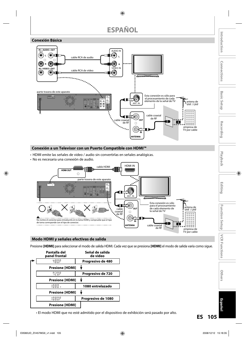 Español, 105 es, Modo hdmi y señales efectivas de salida | FUNAI ZV457MG9 A User Manual | Page 107 / 110