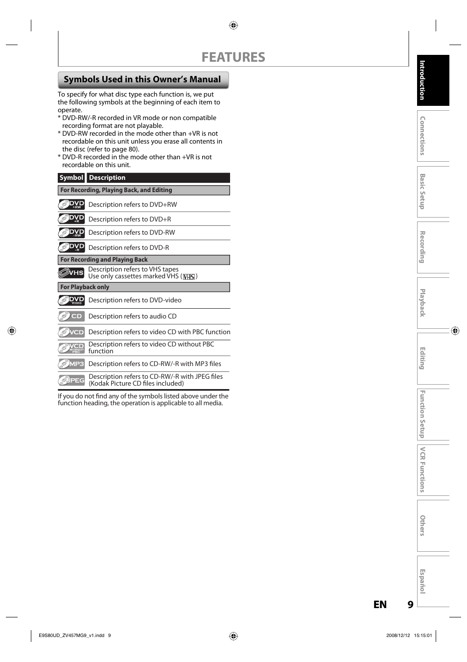 Features, 9en 9 en, Symbols used in this owner’s manual | FUNAI ZV457MG9 A User Manual | Page 11 / 110