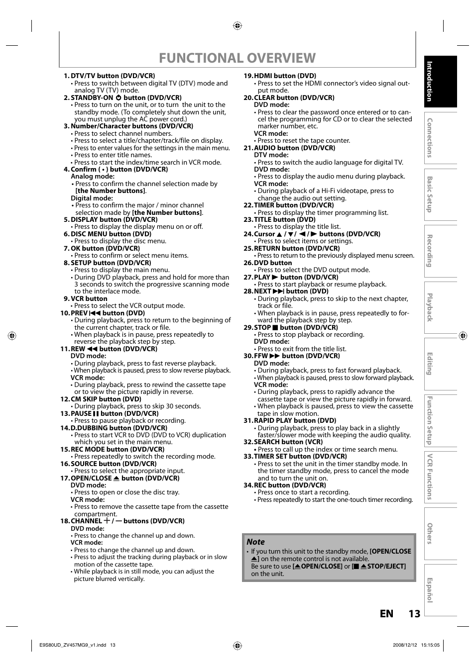 Functional overview, 13 en 13 en | FUNAI ZV457MG9 A User Manual | Page 15 / 110