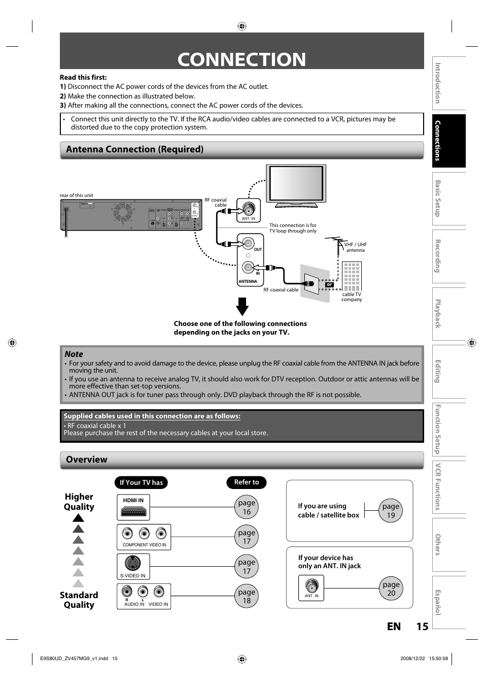 Connection, 15 en 15 en, Antenna connection (required) | Overview, Standard quality higher quality, Page 16, If your device has only an ant. in jack | FUNAI ZV457MG9 A User Manual | Page 17 / 110
