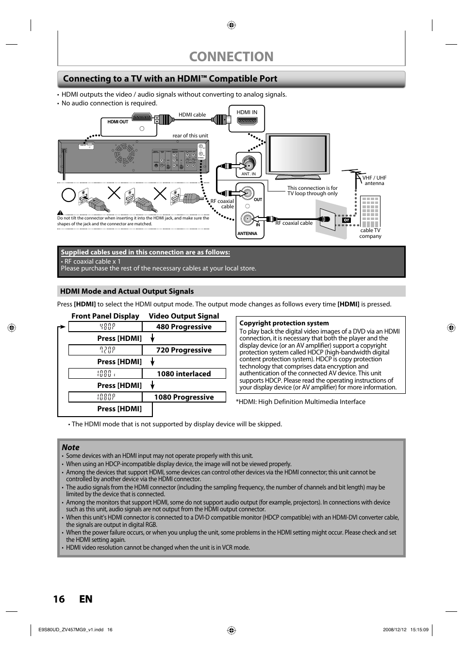 Connection, 16 en 16 en, Connecting to a tv with an hdmi™ compatible port | Hdmi mode and actual output signals | FUNAI ZV457MG9 A User Manual | Page 18 / 110