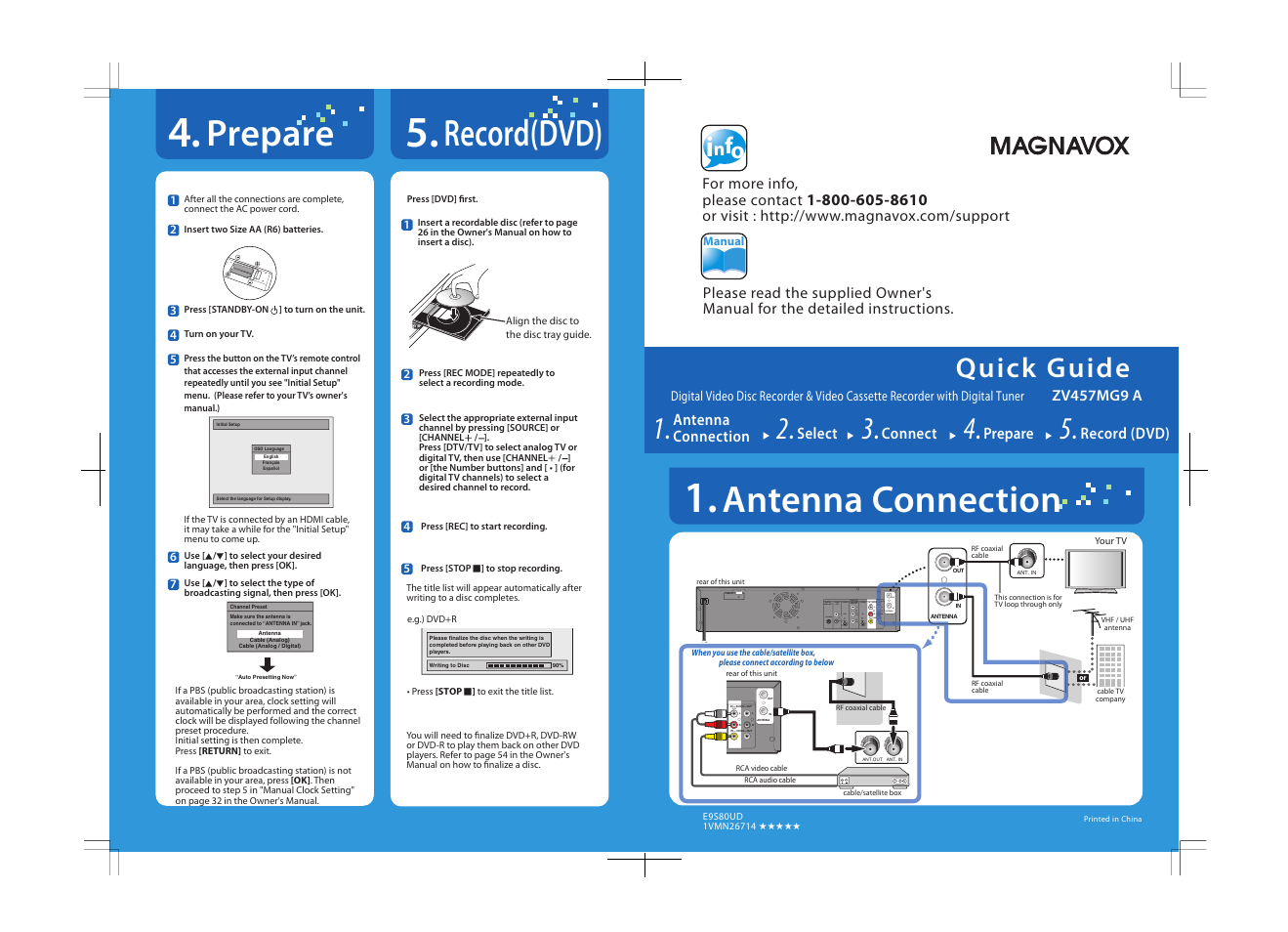 Record(dvd), Quick guide, Select | Antenna connection, Connect, Prepare, Record (dvd), Zv457mg9 a, For more info, please contact, Manual | FUNAI ZV457MG9 A User Manual | Page 2 / 110