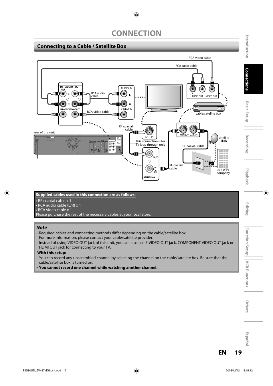 Connection, 19 en 19 en, Connecting to a cable / satellite box | FUNAI ZV457MG9 A User Manual | Page 21 / 110