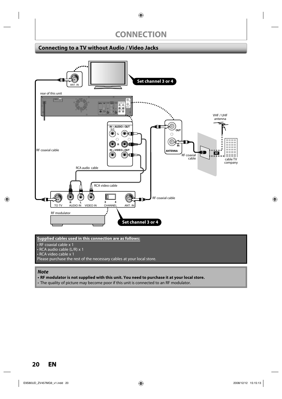 Connection, 20 en 20 en, Connecting to a tv without audio / video jacks | Set channel 3 or 4 | FUNAI ZV457MG9 A User Manual | Page 22 / 110