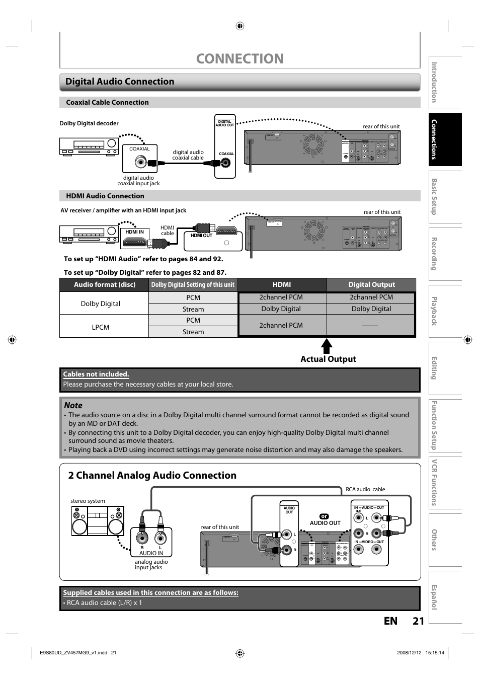 Connection, 21 en 21 en, 2 channel analog audio connection | Digital audio connection, Actual output, Coaxial cable connection, Dolby digital decoder, Av receiver / amplifier with an hdmi input jack, Stereo system analog audio input jacks | FUNAI ZV457MG9 A User Manual | Page 23 / 110