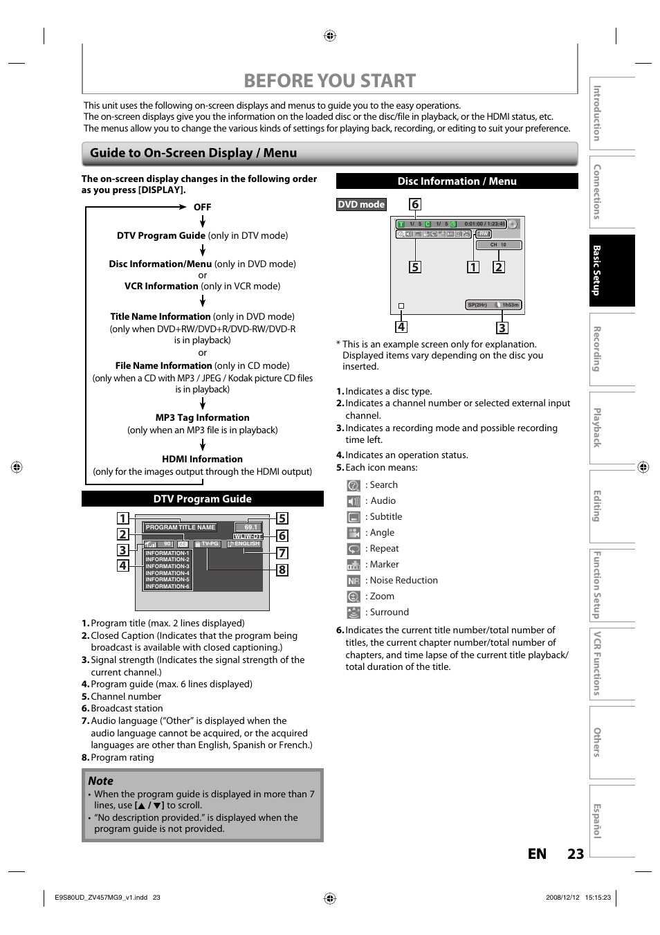 Before you start, 23 en 23 en, Guide to on-screen display / menu | FUNAI ZV457MG9 A User Manual | Page 25 / 110