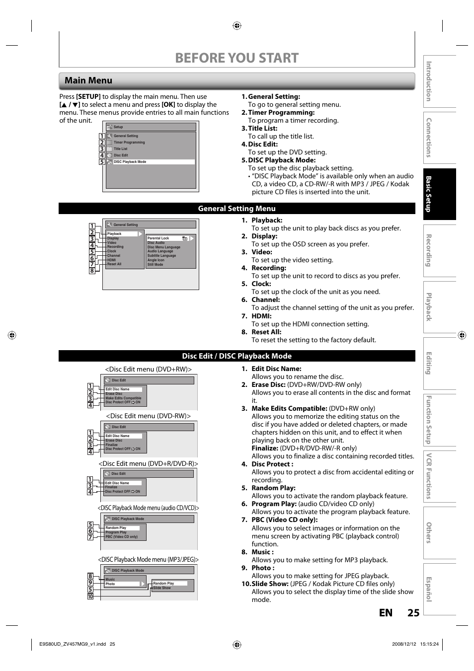 Before you start, 25 en 25 en, Main menu | FUNAI ZV457MG9 A User Manual | Page 27 / 110