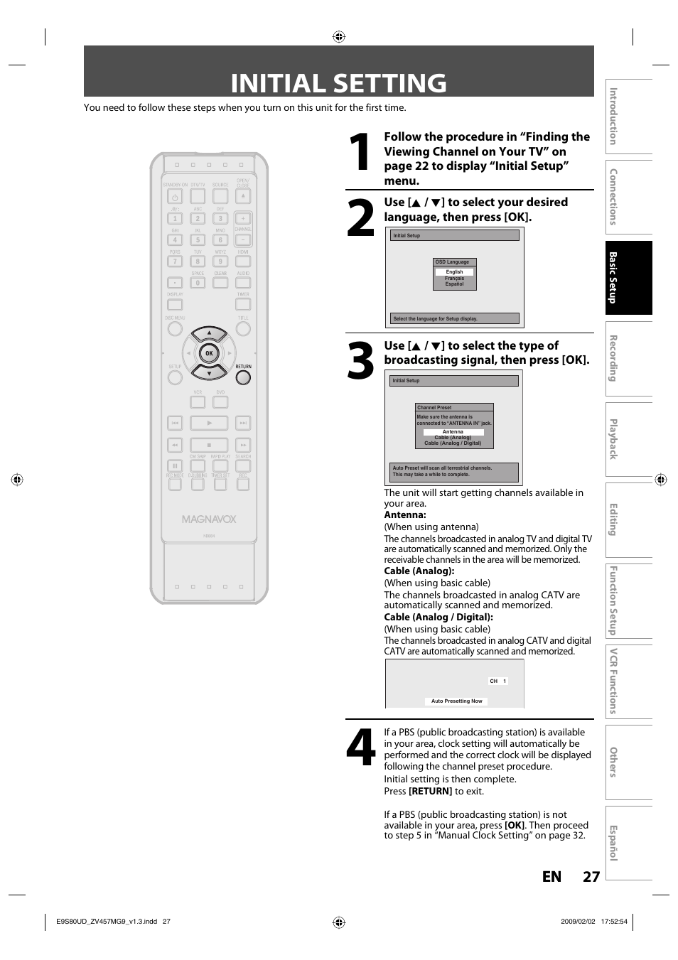 Initial setting, 27 en 27 en | FUNAI ZV457MG9 A User Manual | Page 29 / 110