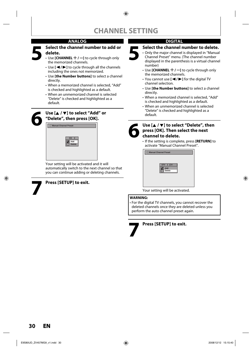 Channel setting | FUNAI ZV457MG9 A User Manual | Page 32 / 110