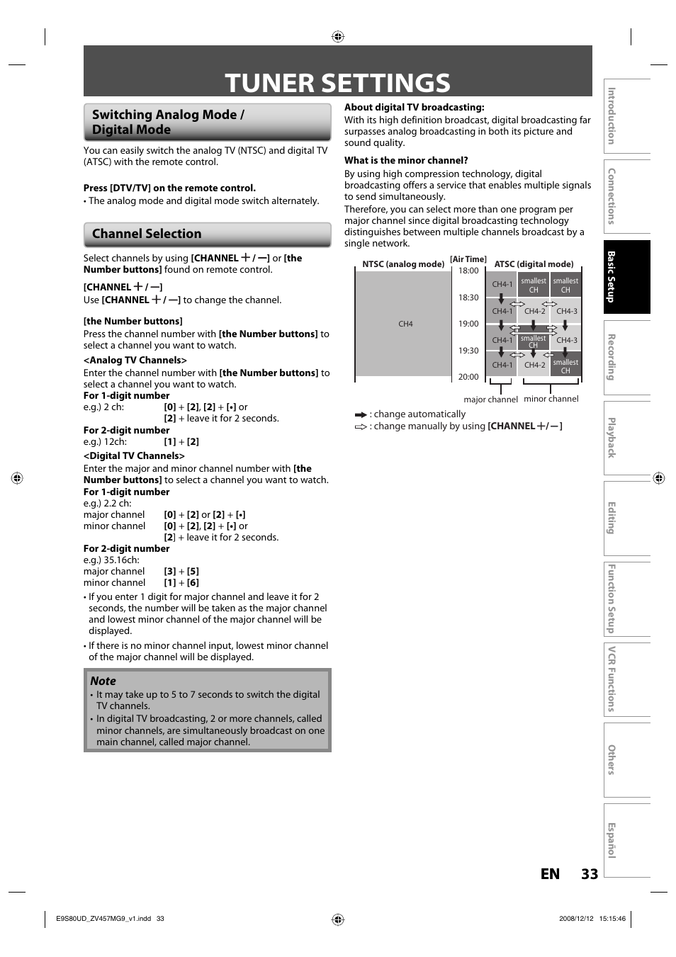 Tuner settings, 33 en 33 en, Switching analog mode / digital mode | Channel selection | FUNAI ZV457MG9 A User Manual | Page 35 / 110