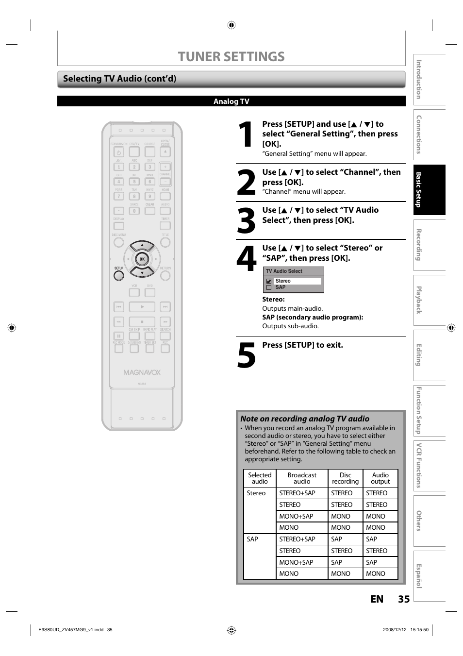 Tuner settings | FUNAI ZV457MG9 A User Manual | Page 37 / 110