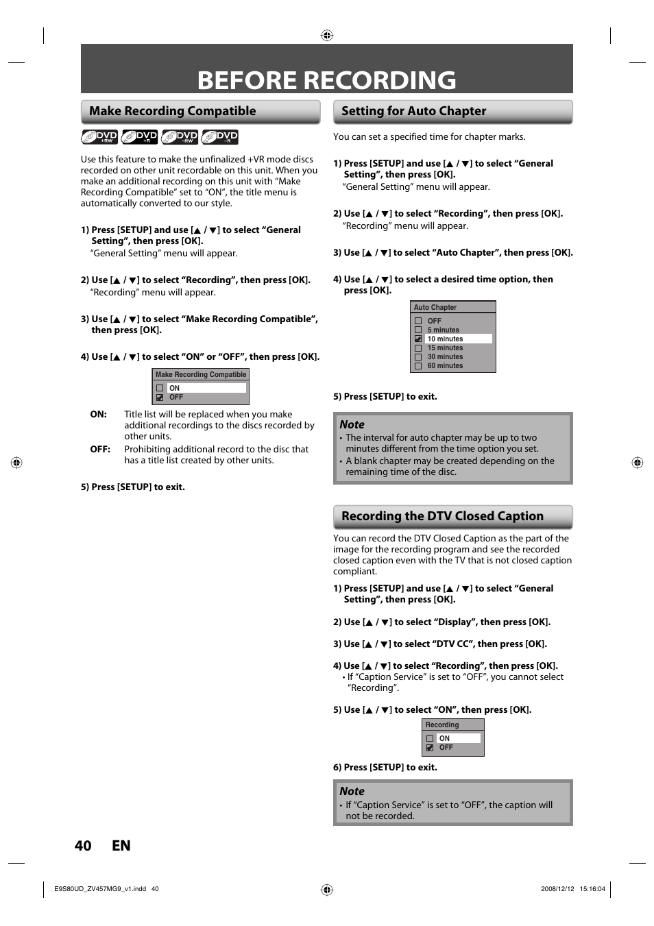 Before recording, 40 en 40 en, Make recording compatible setting for auto chapter | Recording the dtv closed caption | FUNAI ZV457MG9 A User Manual | Page 42 / 110