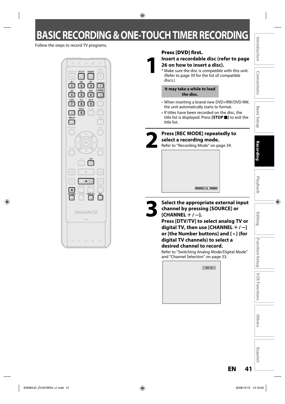 Basic recording & one-touch timer recording | FUNAI ZV457MG9 A User Manual | Page 43 / 110