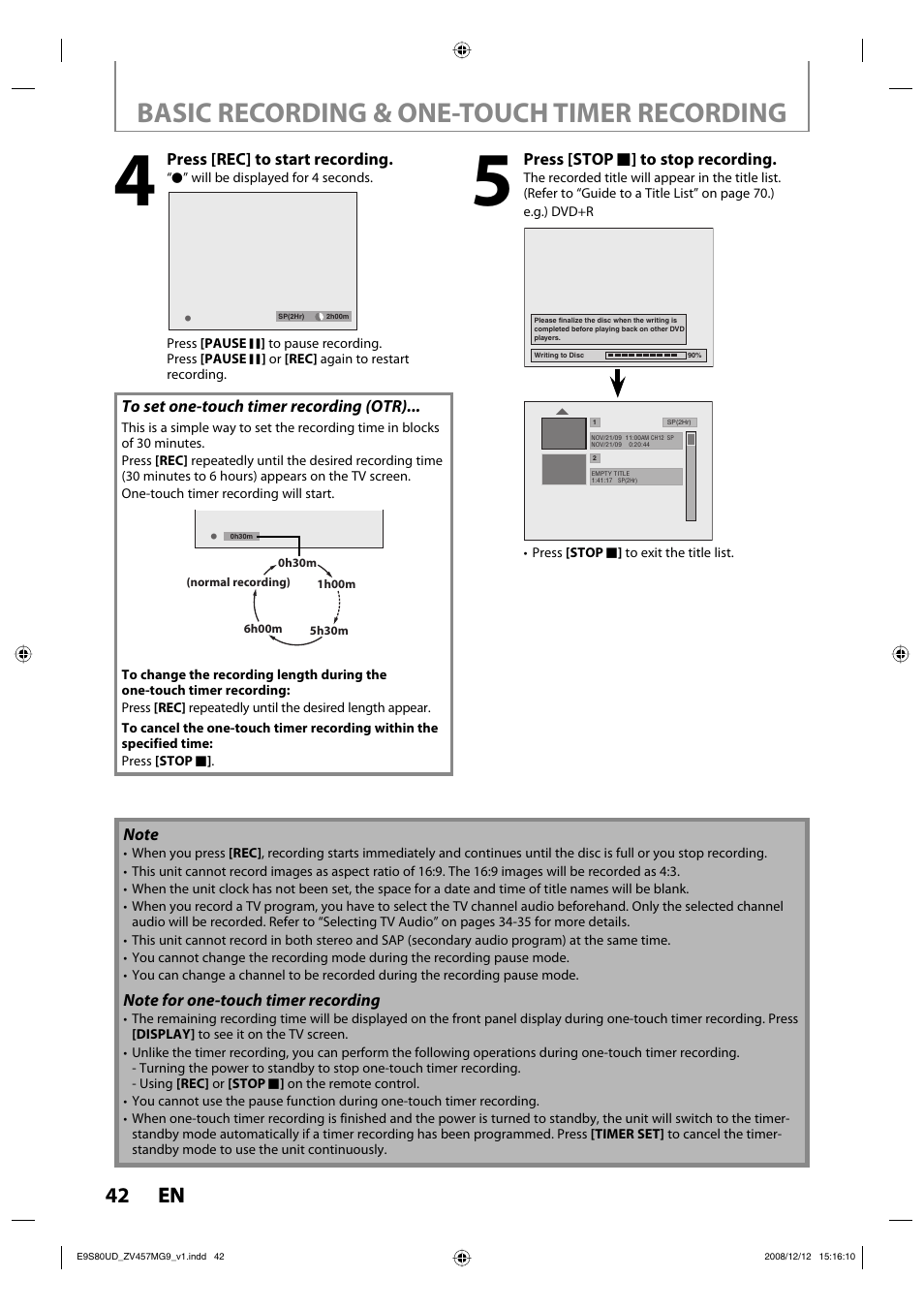 Basic recording & one-touch timer recording, 42 en 42 en | FUNAI ZV457MG9 A User Manual | Page 44 / 110