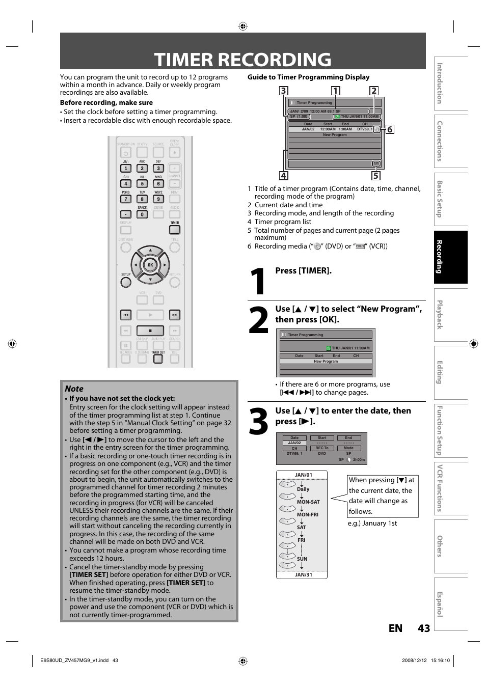 Timer recording, 43 en 43 en | FUNAI ZV457MG9 A User Manual | Page 45 / 110