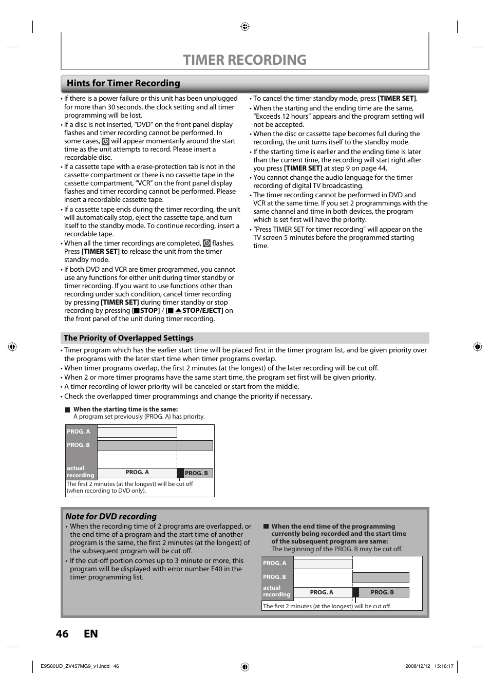 Timer recording, 46 en 46 en, Hints for timer recording | FUNAI ZV457MG9 A User Manual | Page 48 / 110