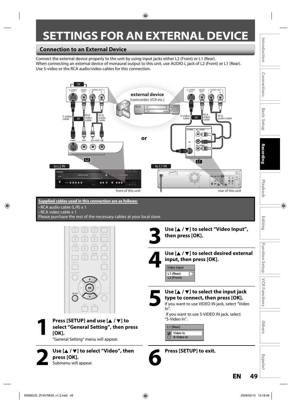 Settings for an external device, 49 en 49 en, Connection to an external device | Press [setup] to exit, Use [ k / l ] to select “video”, then press [ok | FUNAI ZV457MG9 A User Manual | Page 51 / 110