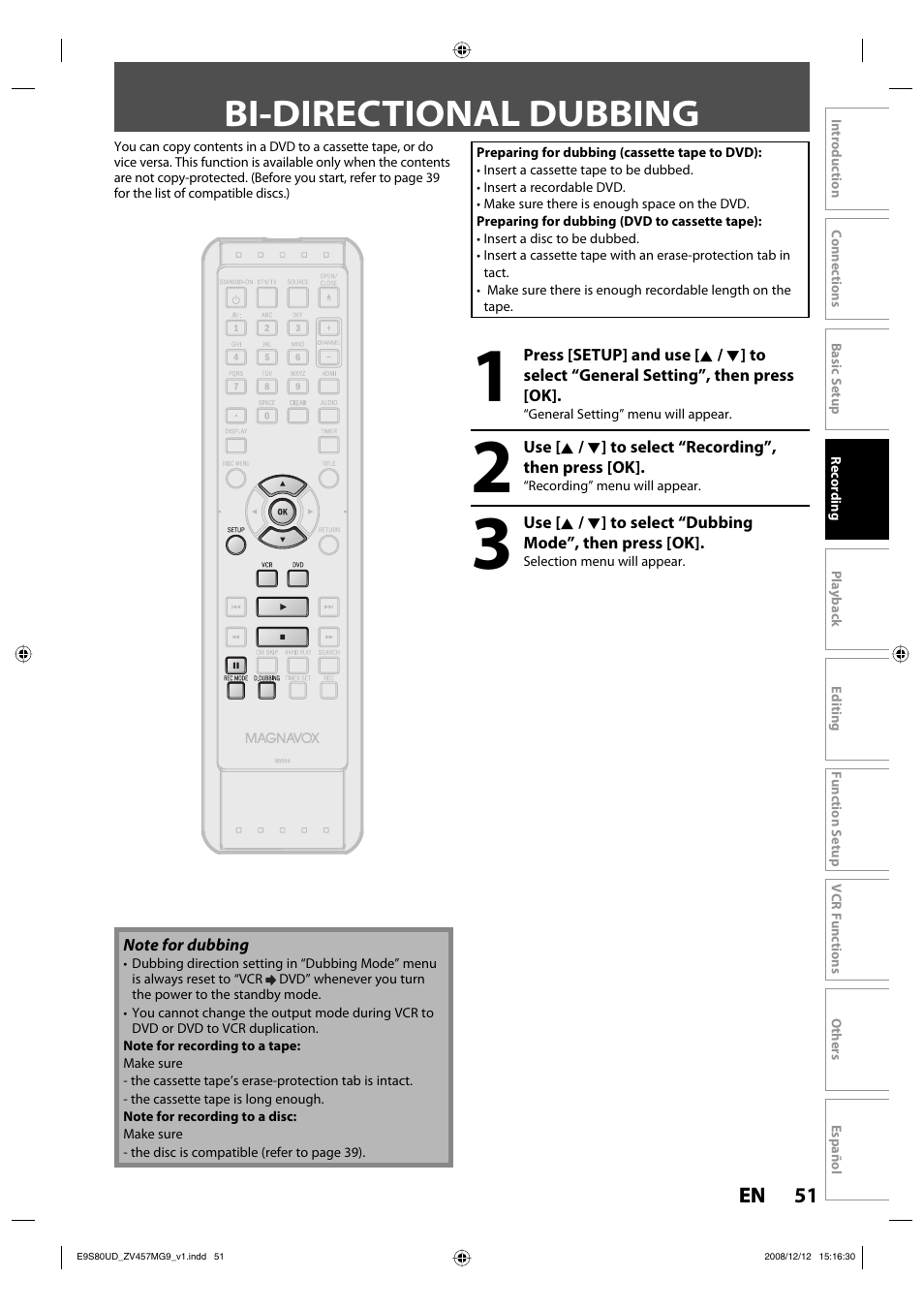 Bi-directional dubbing | FUNAI ZV457MG9 A User Manual | Page 53 / 110
