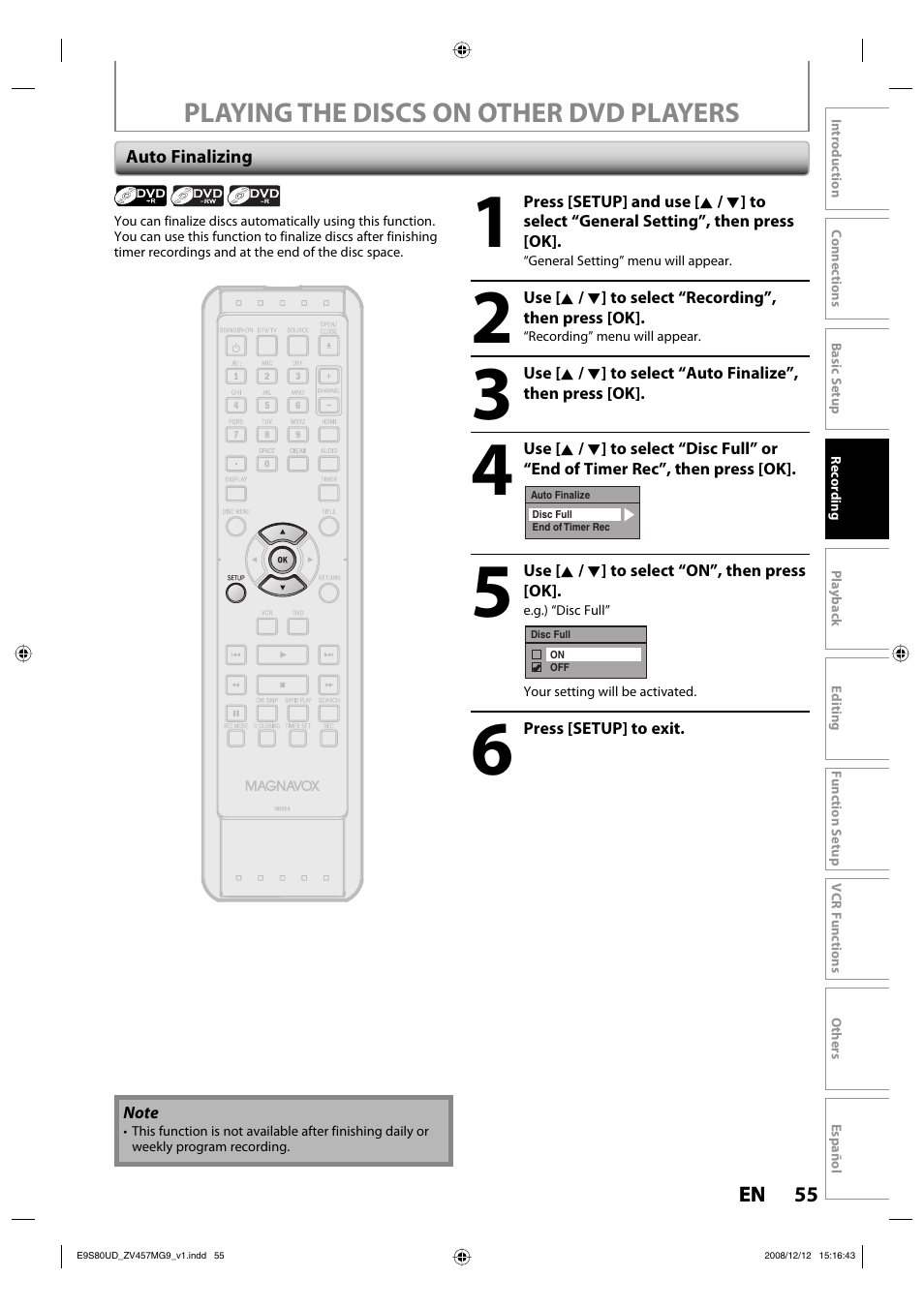 Playing the discs on other dvd players | FUNAI ZV457MG9 A User Manual | Page 57 / 110