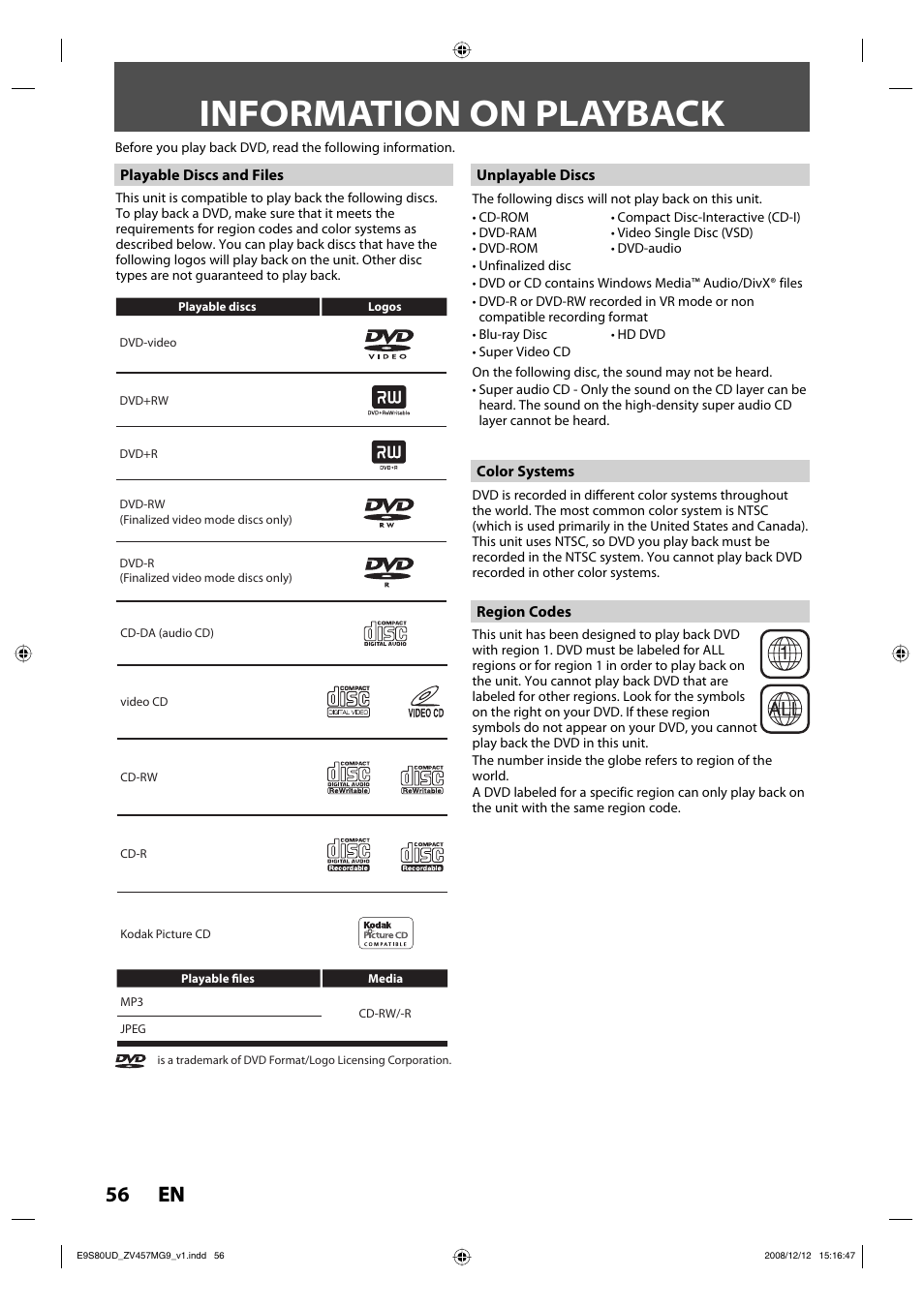 Information on playback, 56 en 56 en | FUNAI ZV457MG9 A User Manual | Page 58 / 110
