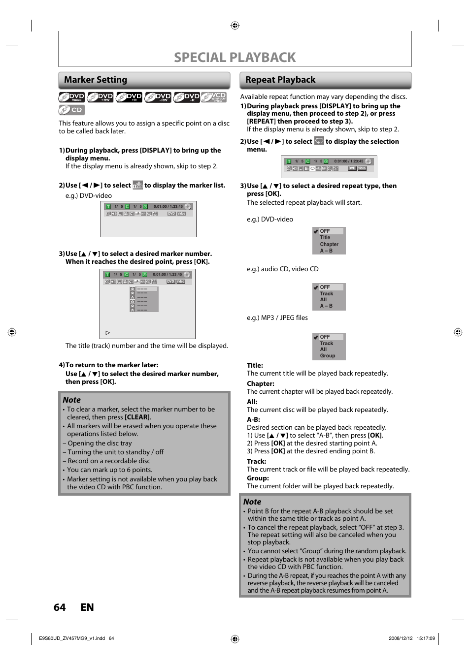 Special playback, 64 en 64 en, Marker setting | Repeat playback | FUNAI ZV457MG9 A User Manual | Page 66 / 110