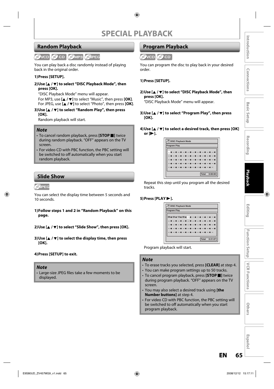 Special playback, 65 en 65 en, Random playback | Program playback, Slide show | FUNAI ZV457MG9 A User Manual | Page 67 / 110