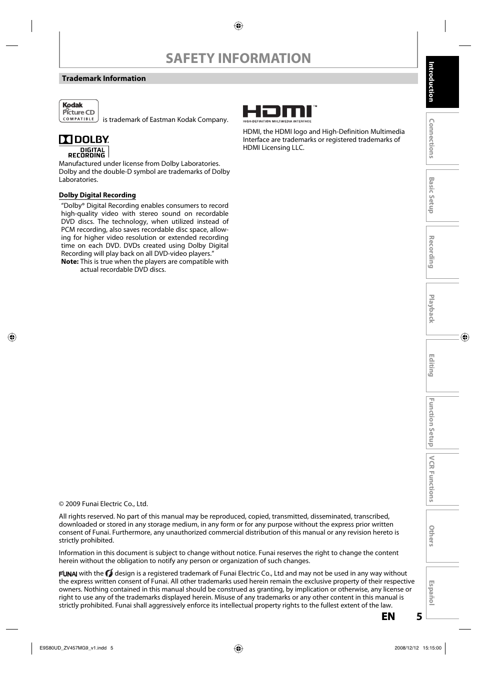 Safety information, 5en 5 en | FUNAI ZV457MG9 A User Manual | Page 7 / 110