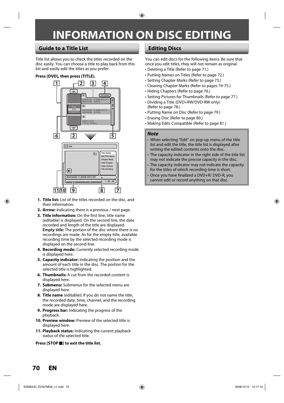Information on disc editing, 70 en 70 en, Guide to a title list editing discs | FUNAI ZV457MG9 A User Manual | Page 72 / 110