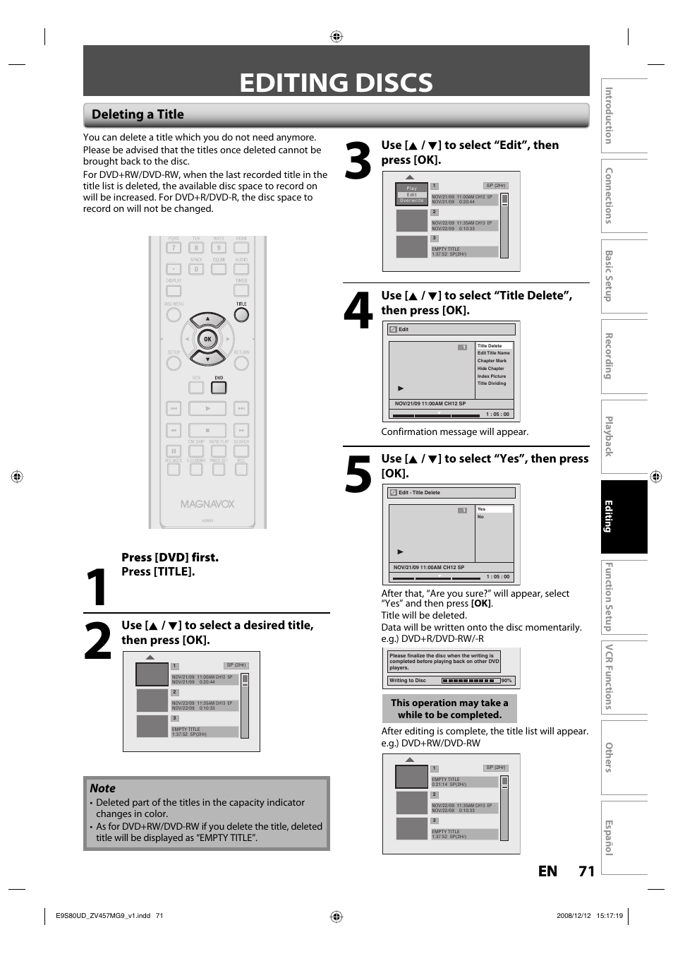Editing discs, 71 en 71 en, Deleting a title | FUNAI ZV457MG9 A User Manual | Page 73 / 110