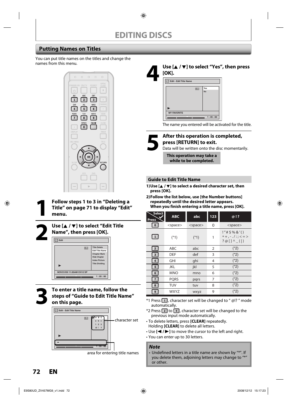 Editing discs, 72 en 72 en, Putting names on titles | FUNAI ZV457MG9 A User Manual | Page 74 / 110