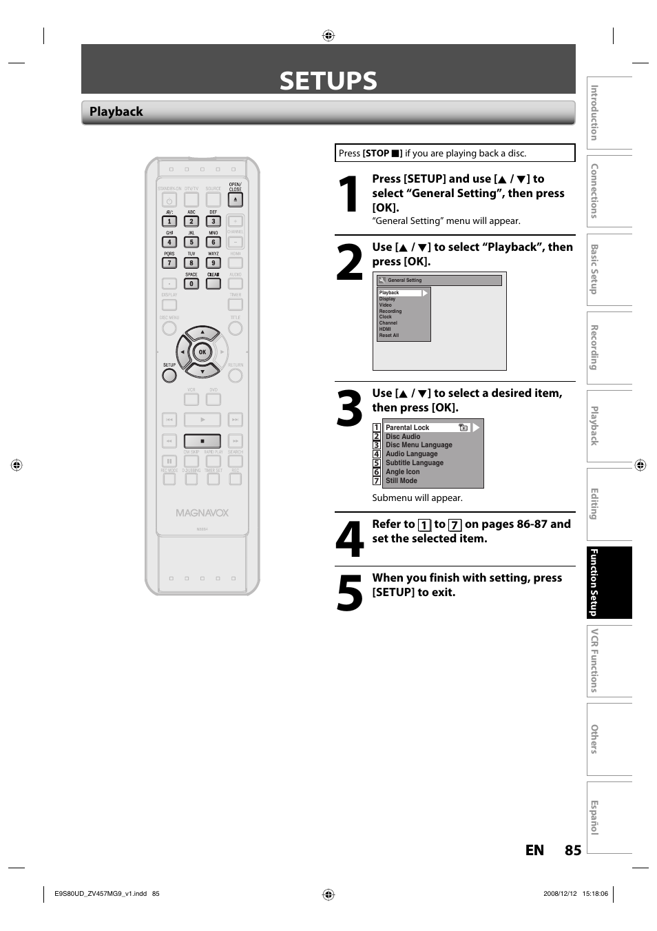 Setups | FUNAI ZV457MG9 A User Manual | Page 87 / 110