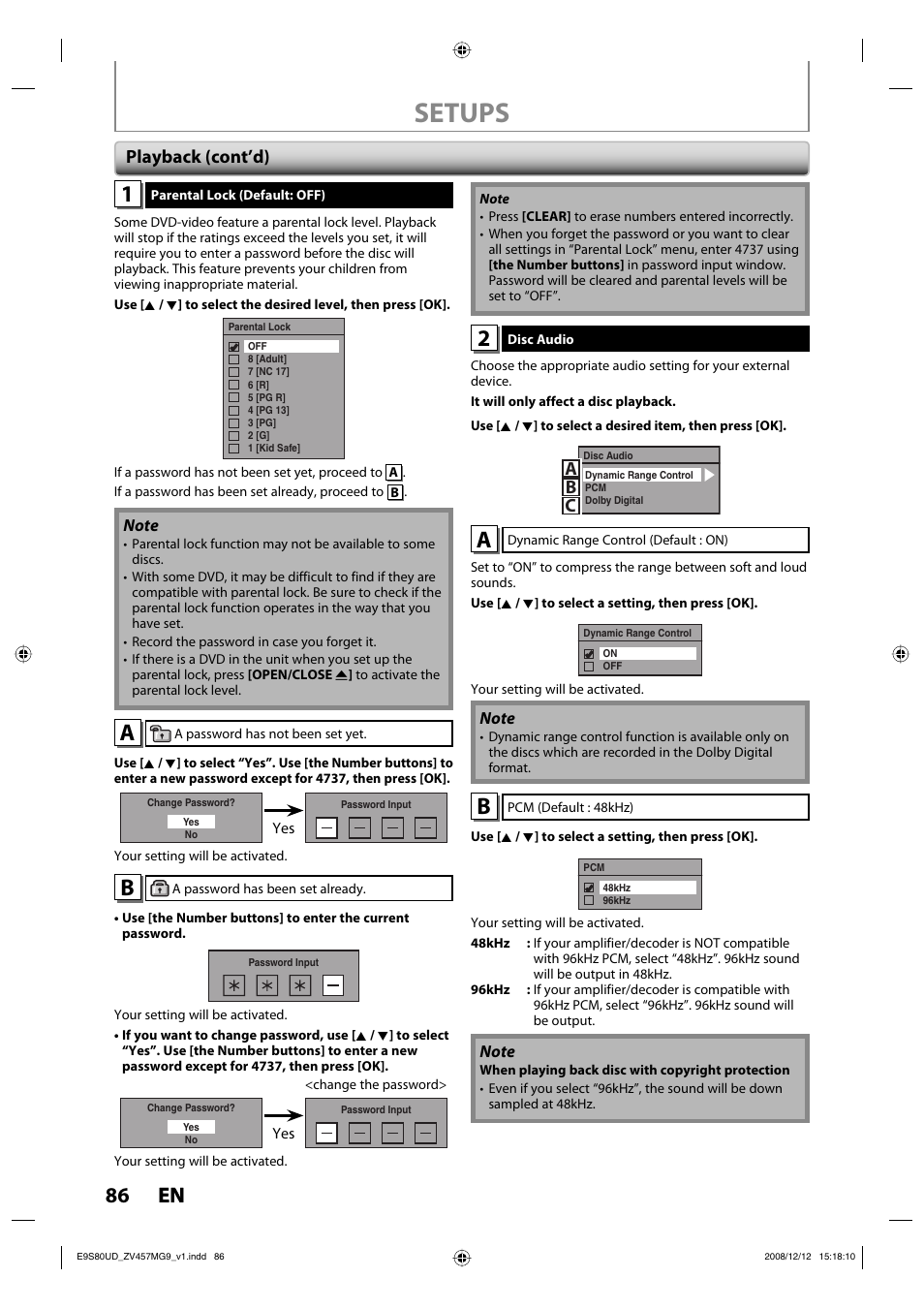 Setups, 86 en 86 en, Ab c | Playback (cont’d) | FUNAI ZV457MG9 A User Manual | Page 88 / 110