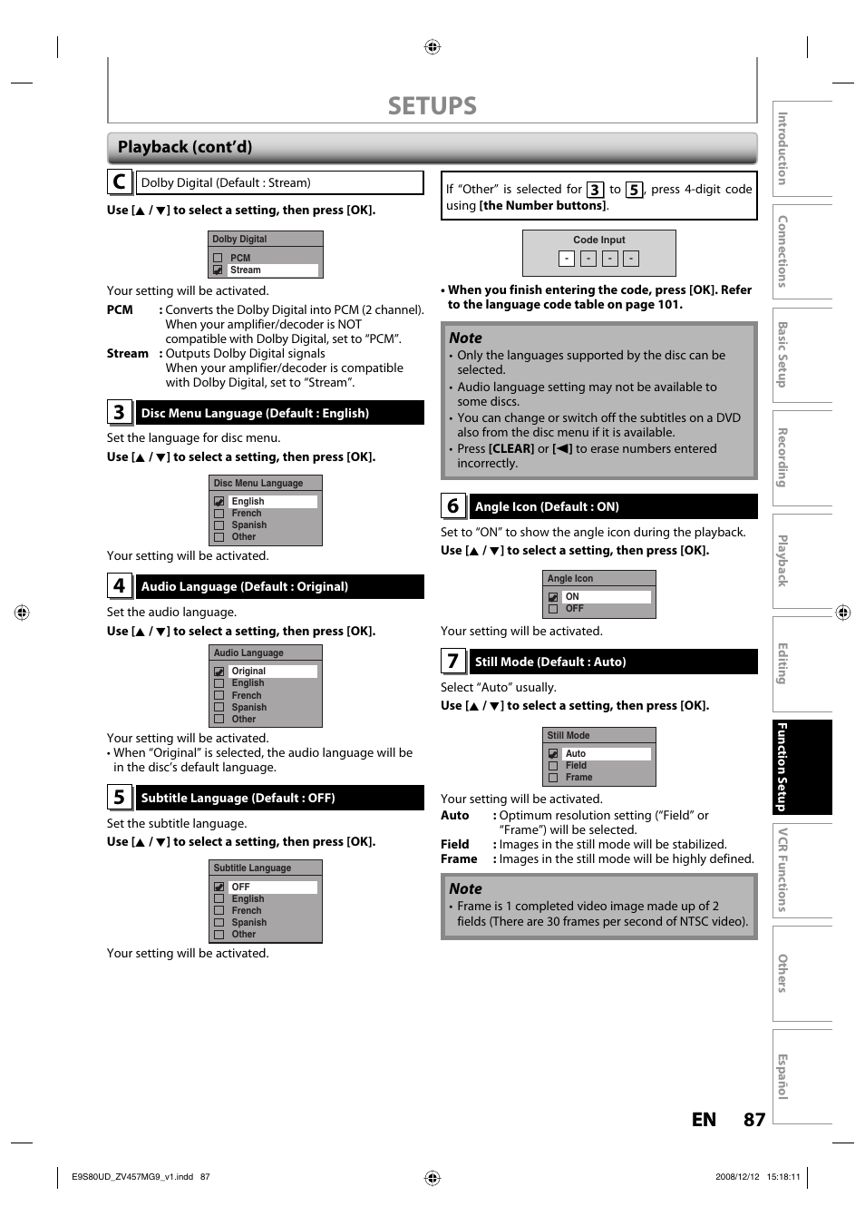 Setups, 87 en 87 en, Playback (cont’d) | FUNAI ZV457MG9 A User Manual | Page 89 / 110