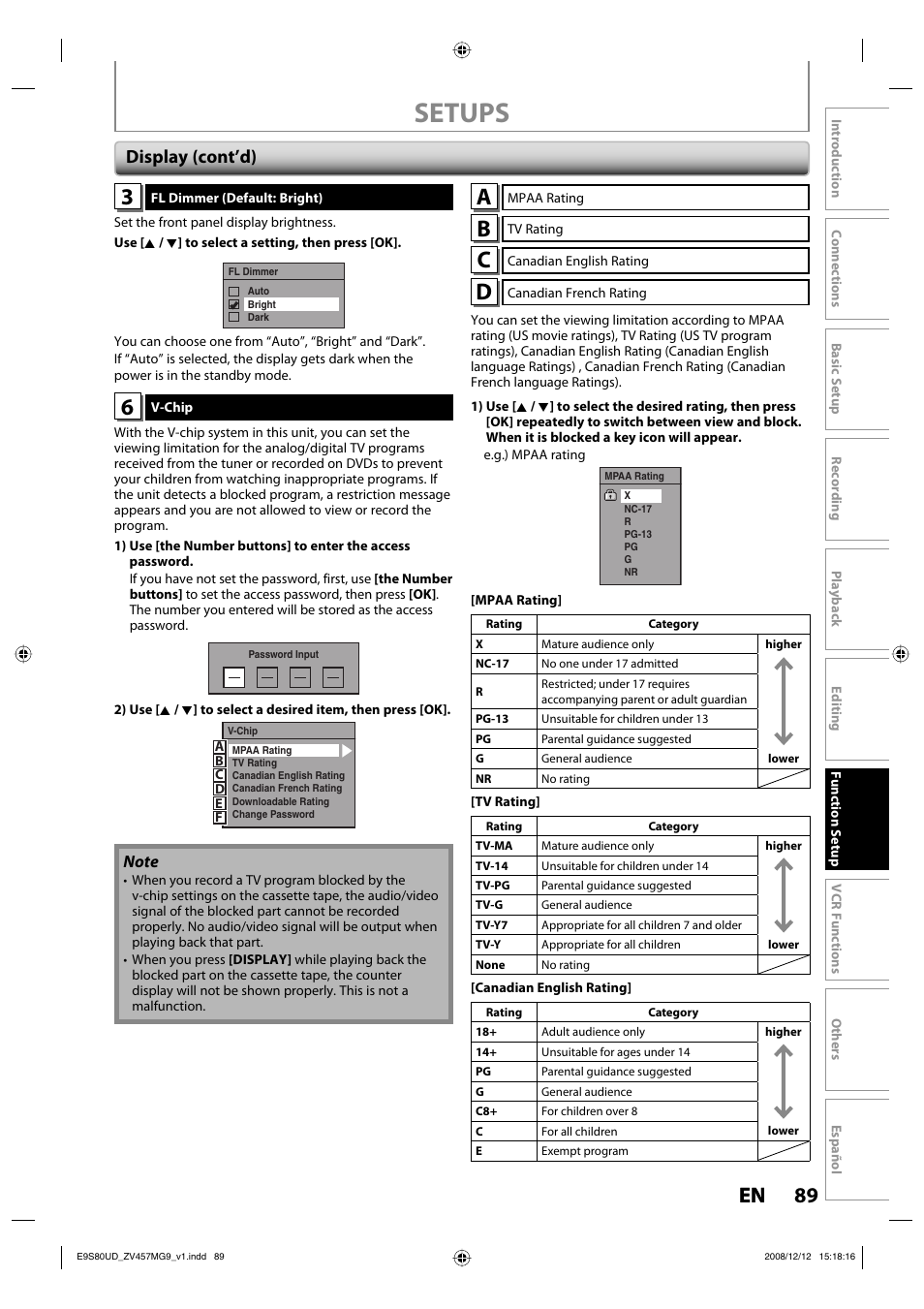 Setups, 89 en 89 en, Display (cont’d) | FUNAI ZV457MG9 A User Manual | Page 91 / 110
