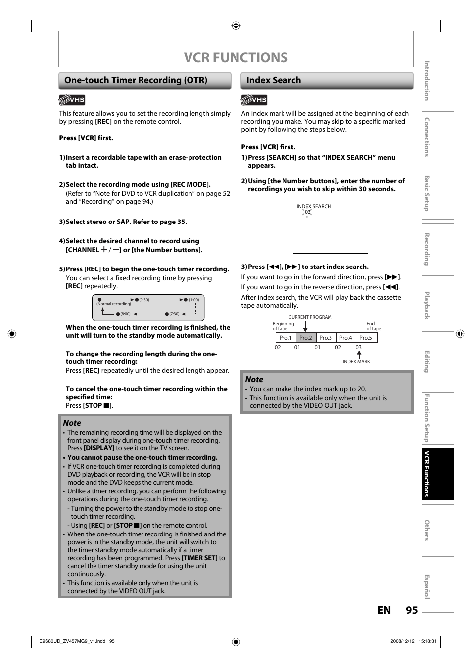 Vcr functions, 95 en 95 en, One-touch timer recording (otr) index search | FUNAI ZV457MG9 A User Manual | Page 97 / 110