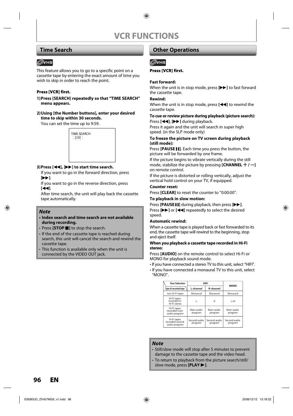Vcr functions, 96 en 96 en, Time search other operations | FUNAI ZV457MG9 A User Manual | Page 98 / 110