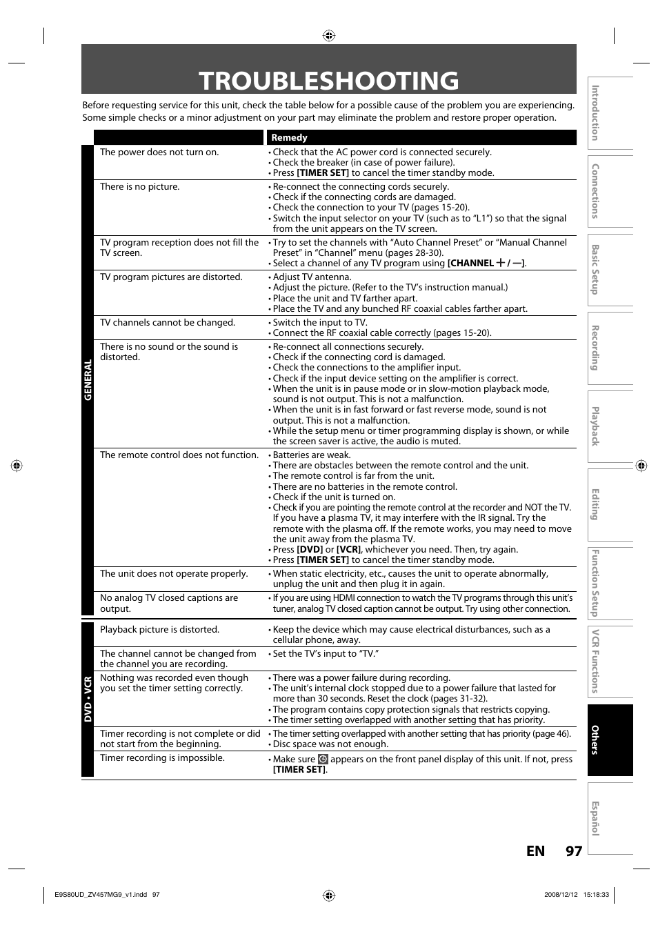 Troubleshooting, 97 en | FUNAI ZV457MG9 A User Manual | Page 99 / 110
