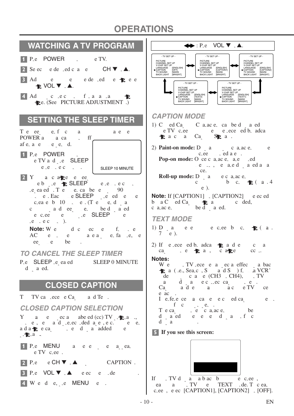 Operations, Watching a tv program, Setting the sleep timer closed caption | Caption mode, Text mode, Closed caption selection, Press vol ▼or | FUNAI F20LCTE User Manual | Page 10 / 48