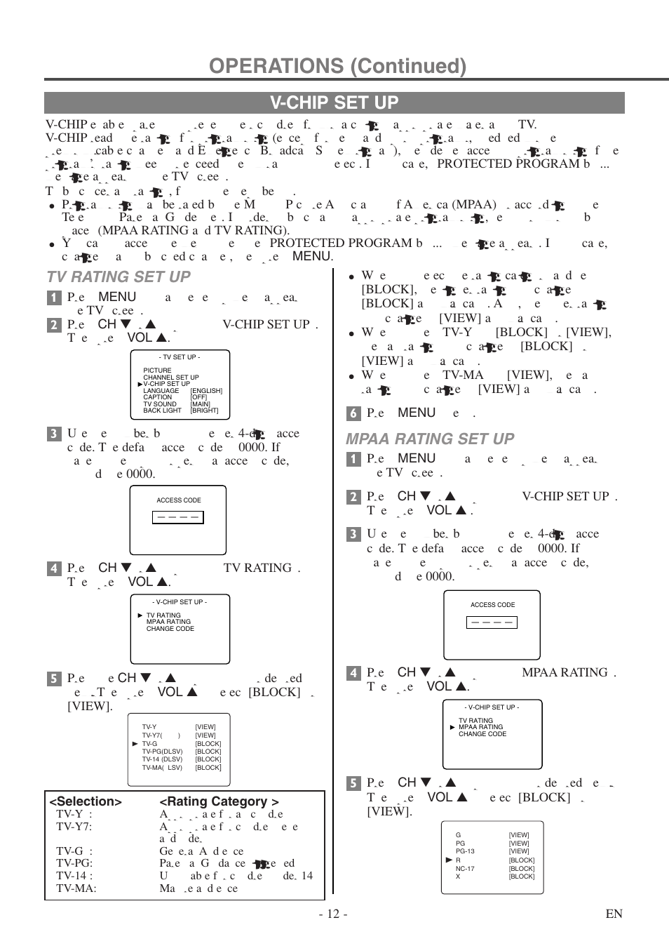 Operations (continued), V-chip set up, Tv rating set up | Mpaa rating set up, 12 - en, Selection> <rating category | FUNAI F20LCTE User Manual | Page 12 / 48