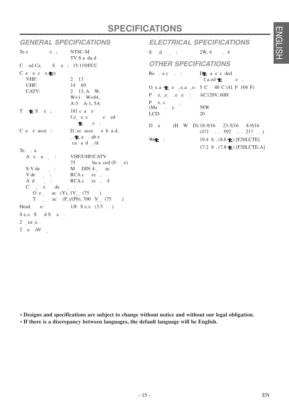Specifications, English, General specifications | Electrical specifications, Other specifications | FUNAI F20LCTE User Manual | Page 15 / 48