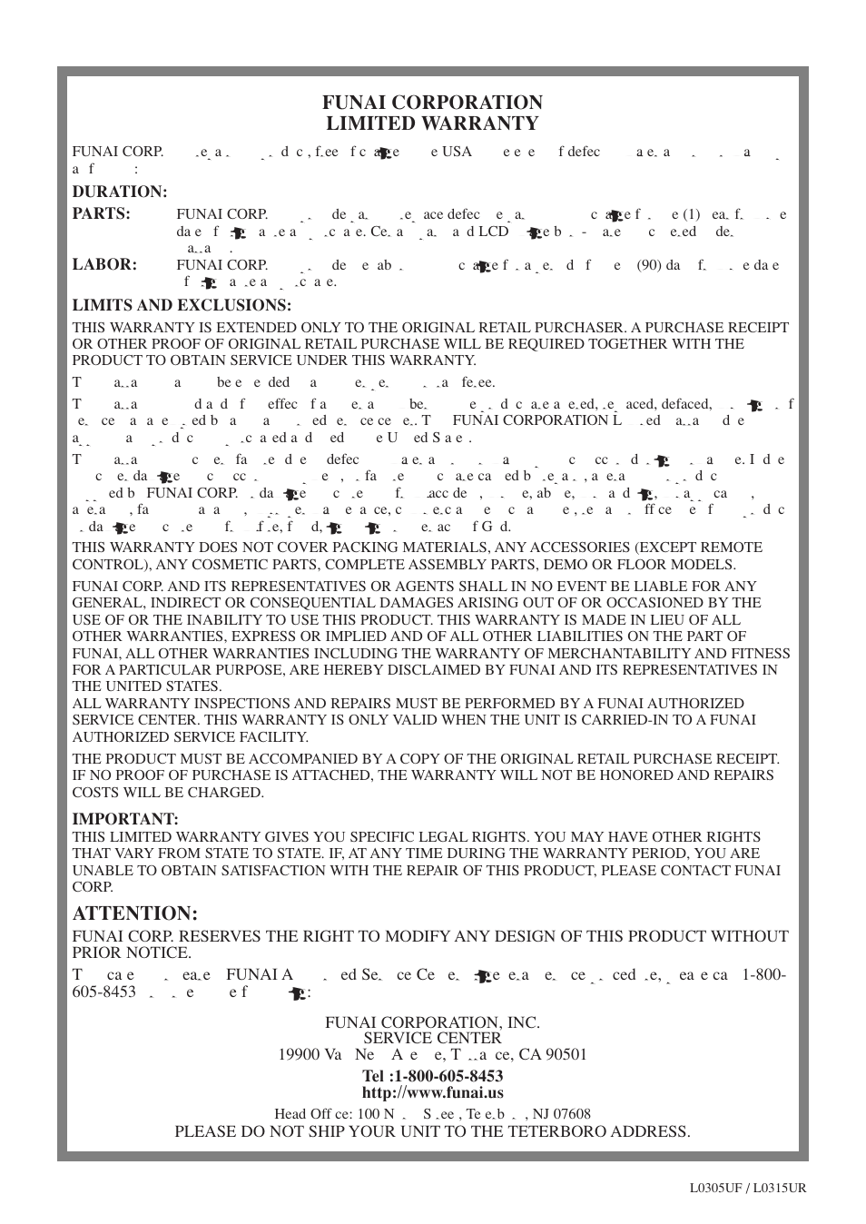 Funai corporation limited warranty, Attention | FUNAI F20LCTE User Manual | Page 16 / 48