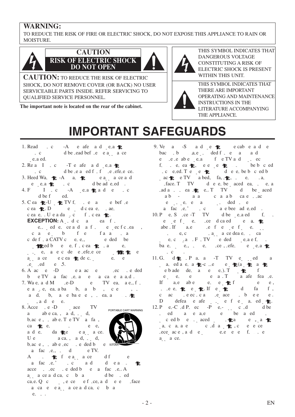 Important safeguards, Warning, Caution | Caution risk of electric shock do not open | FUNAI F20LCTE User Manual | Page 2 / 48